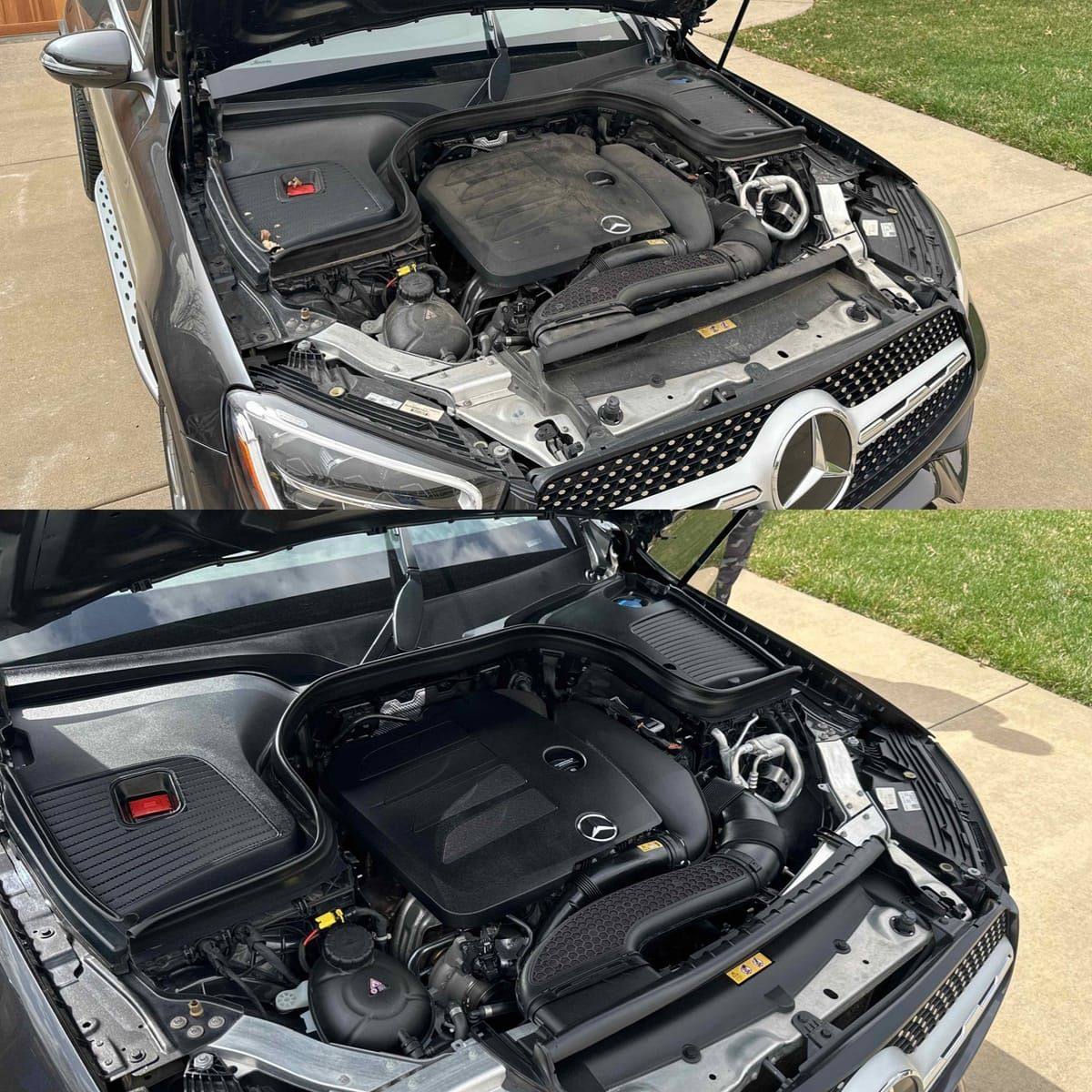 Before and after engine bay detail on a Mercedes GLC — dusty to clean and dressed