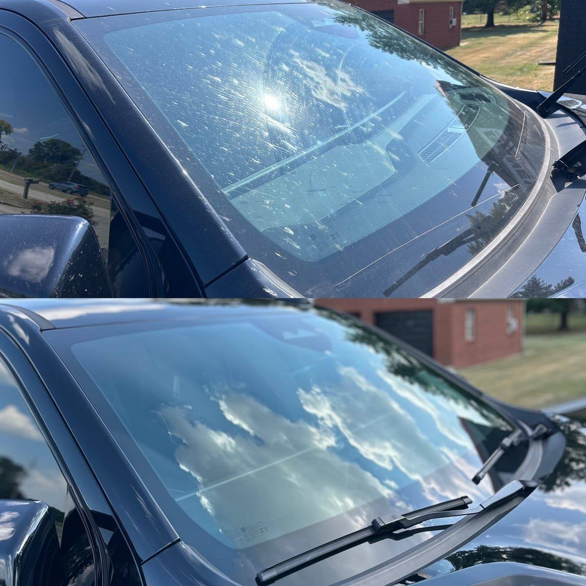Before and after hard water spot removal on a black SUV windshield and paint in Belleville, IL