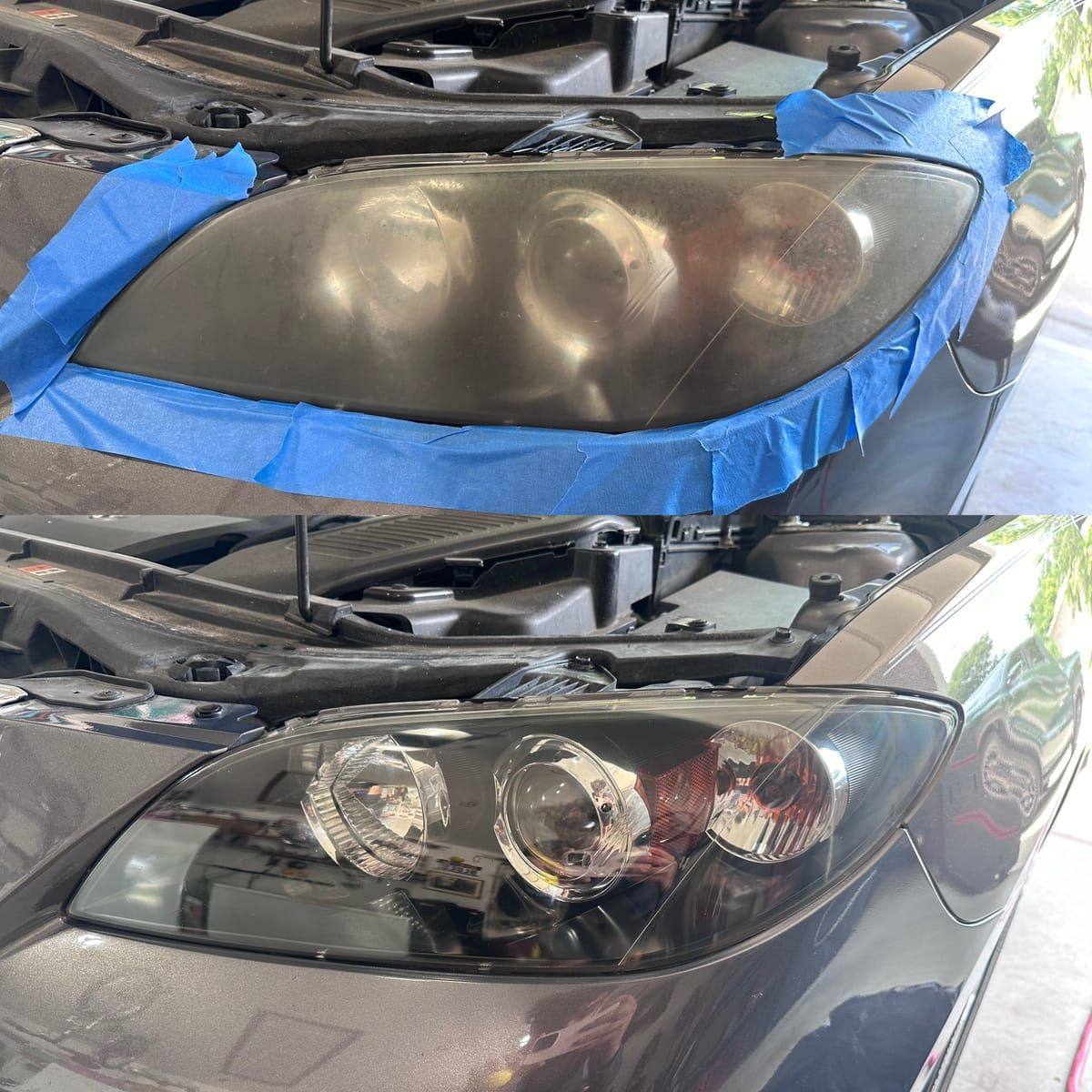 Before and after headlight restoration — oxidized cloudy lens polished back to clear