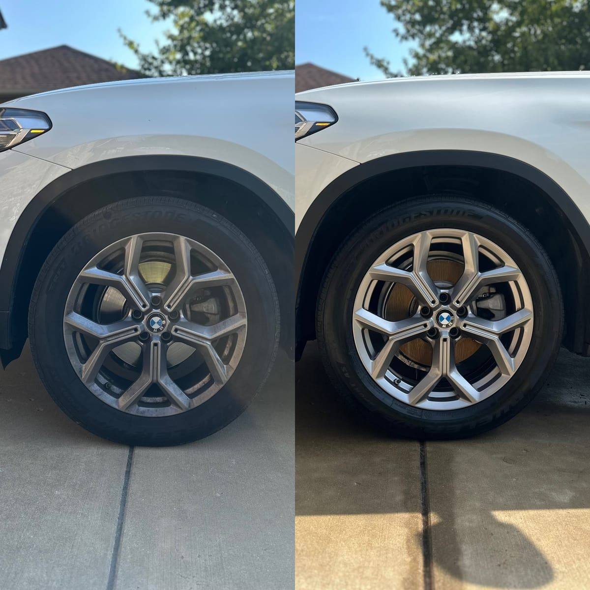 Before and after wheel cleaning on a white BMW — brake dust removed, tire dressed